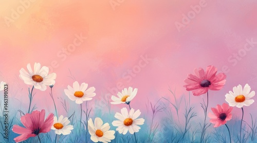 Colorful Floral Landscape at Sunset with Delicate Blooms and Soft Pastel Sky