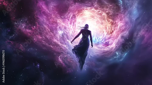 Wallpaper Mural Silhouette of a Figure Emerging Toward a Brilliant Cosmic Light in Space Torontodigital.ca