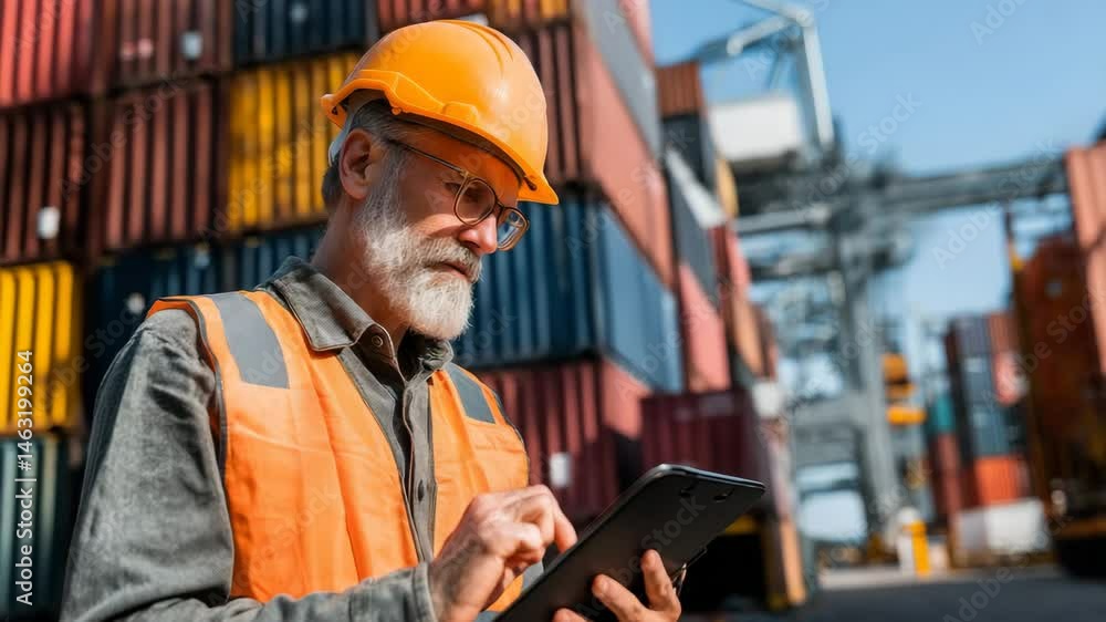 Senior Worker in Safety Gear Using Tablet at Shipping Container Site with Clear Sky Senior Worker in Safety Gear Using Tablet at Shipping Container Site with Clear Sky