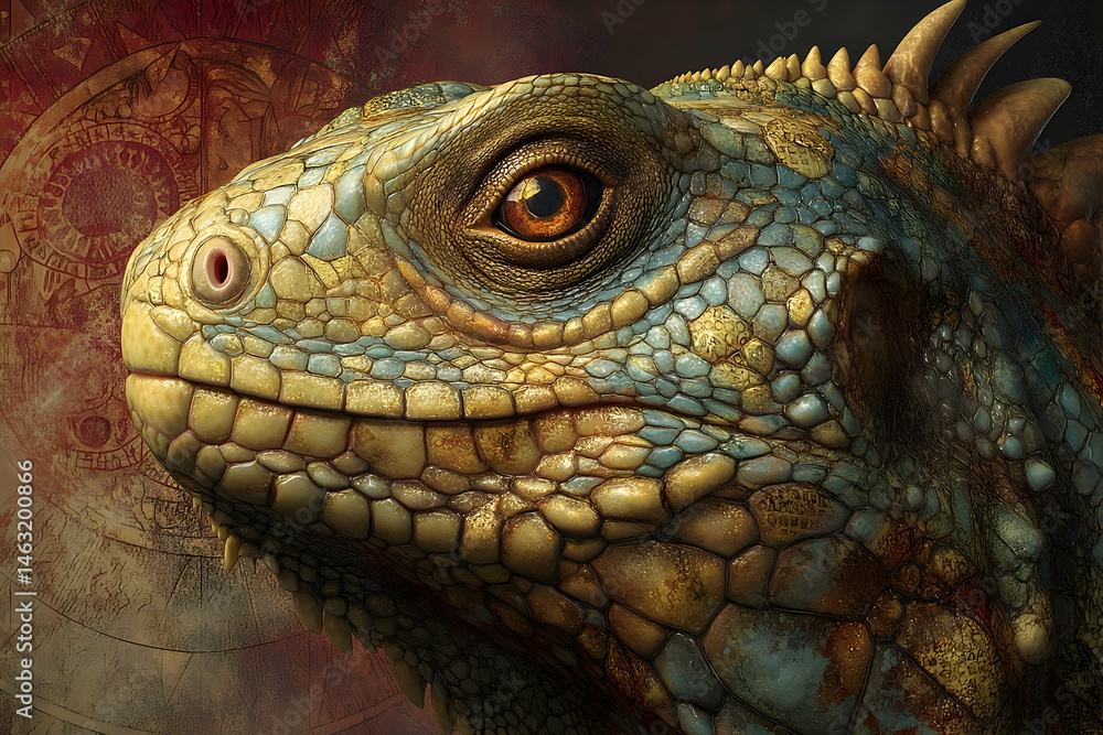 Fototapeta premium Detailed close-up view of a lizard's head.