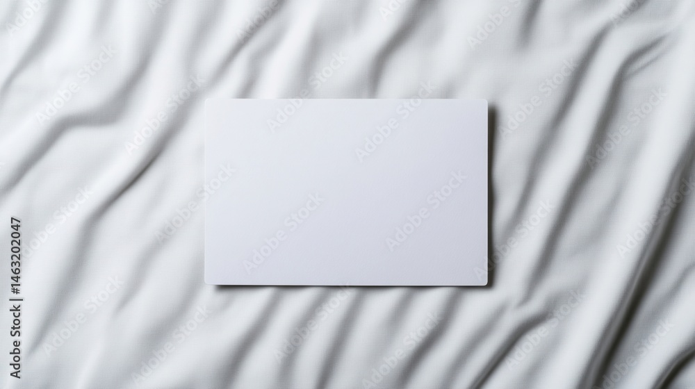 A blank white card lies centered on a textured white fabric background with soft folds. A blank white card lies centered on a textured white fabric background with soft folds.