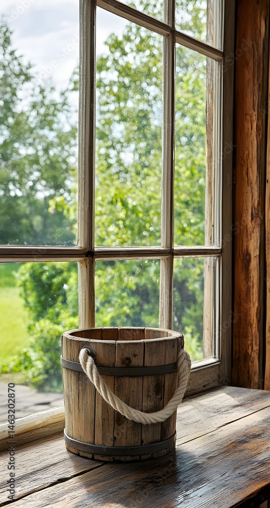 Wooden bucket sits by a window overlooking a verdant landscape. Wooden bucket sits by a window overlooking a verdant landscape.
