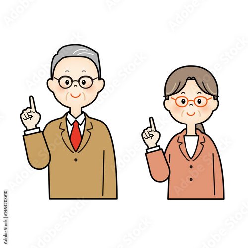 指差ししている眼鏡のシニア夫婦のイラスト素材