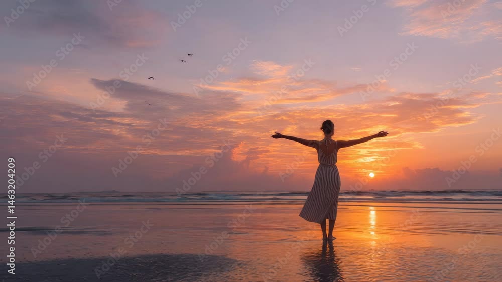 Woman Embracing The Sunset At A Tranquil Beach With Reflections In The Soft Ocean Waves Woman Embracing The Sunset At A Tranquil Beach With Reflections In The Soft Ocean Waves