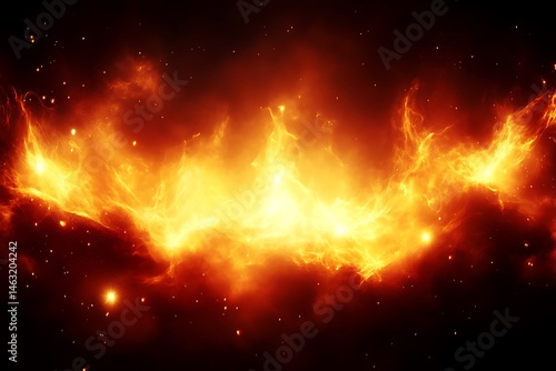 Fiery Cosmic Nebula Bursting with Golden and Red Light in Deep Space
