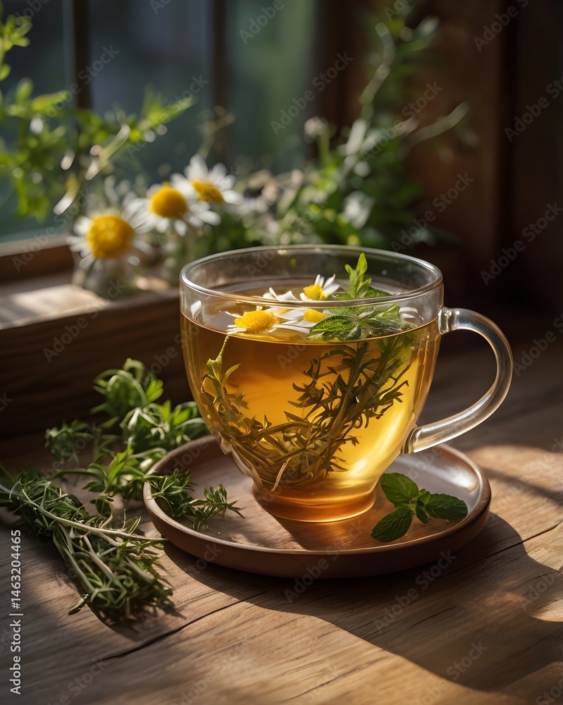 Fresh, hot herbal tea with mint leaves in a cup on a saucer Fresh, hot herbal tea with mint leaves in a cup on a saucer