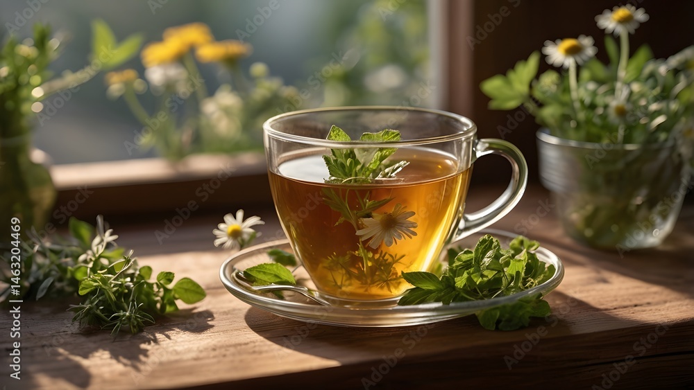 A hot cup of healthy herbal tea with mint and lemon, a natural and aromatic beverage A hot cup of healthy herbal tea with mint and lemon, a natural and aromatic beverage