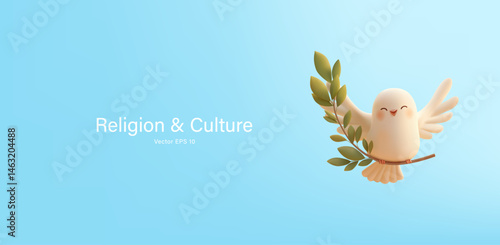 3D cute dove character with olive branch on blue sky background. Childhood, peace, religion, prayer. Symbol of hope. Vector illustration