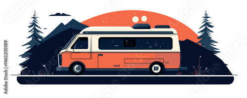 Retro camper van in mountainous landscape with sunset and pine trees.