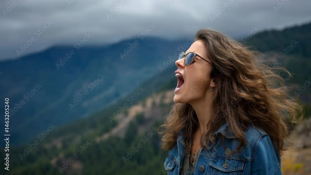 Woman Screaming with Joy in a Scenic Mountain Landscape Under Cloudy Sky Woman Screaming with Joy in a Scenic Mountain Landscape Under Cloudy Sky