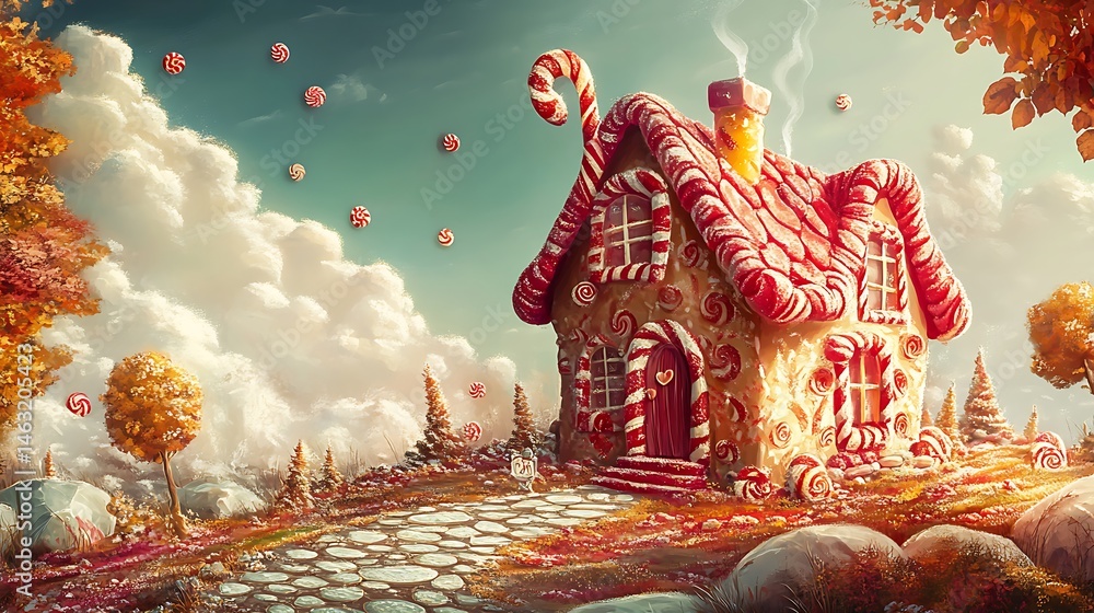 Obraz premium Cozy gingerbread house adorned with candy canes sits amid a dreamy landscape setting