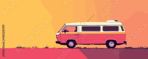 Retro van on vibrant background showcasing nostalgic travel vibes and adventure spirit.