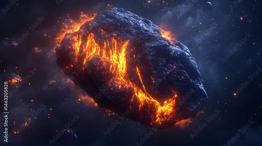 Fototapeta premium Asteroid with Lava Flows: An asteroid with active lava flows on its surface, glowing brightly against the cold, dark backdrop of space. 