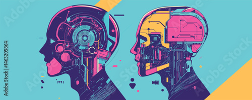 Vibrant dual robotic profiles: futuristic cybernetic head designs and inner mechanisms.