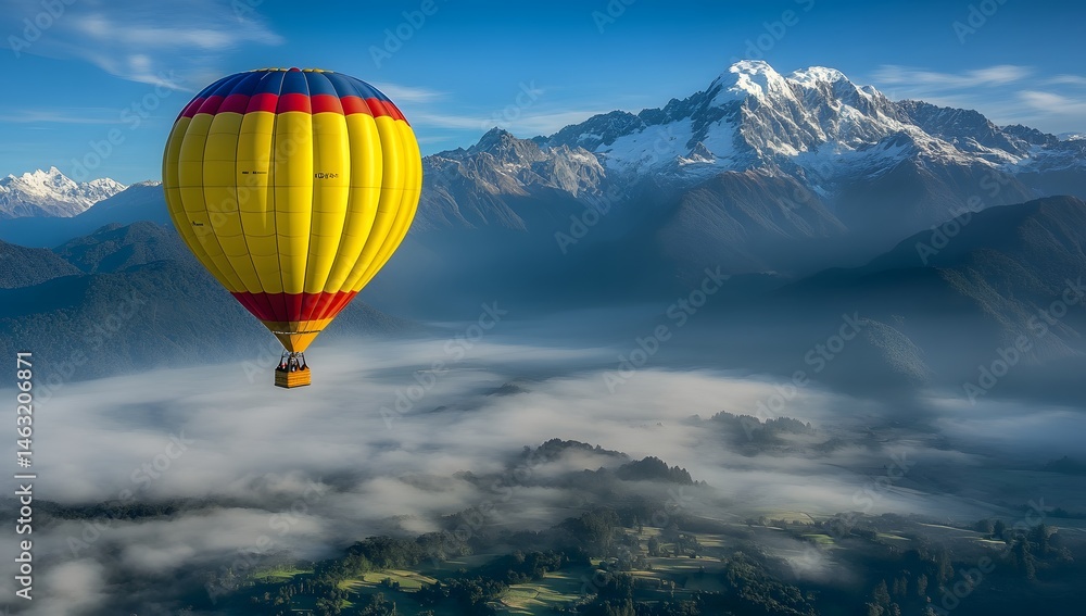 Colorful hot air balloon above a mountainous landscape. Colorful hot air balloon above a mountainous landscape.