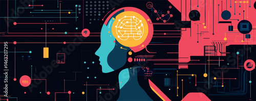 Abstract artificial intelligence concept with human silhouette and brain circuit.