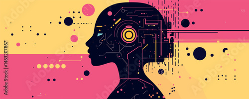 Futuristic cybernetic female silhouette with circuitry and digital patterns on colorful background.