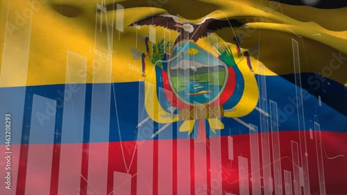 Ecuadorian flag waving under translucent financial charts mapping data trends in flat design