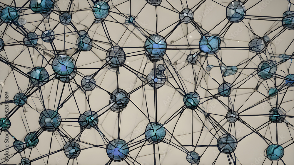 Close-up picture of an abstract sculpture made out of transparent and colored glass neural connections Close-up picture of an abstract sculpture made out of transparent and colored glass neural connections