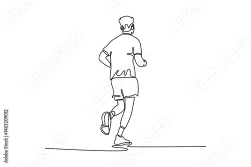 Continuous one line drawing back view man running challenge, wellness and healthy outdoor exercise. Training, cardio and runner on path in morning. Single line draw design vector graphic illustration