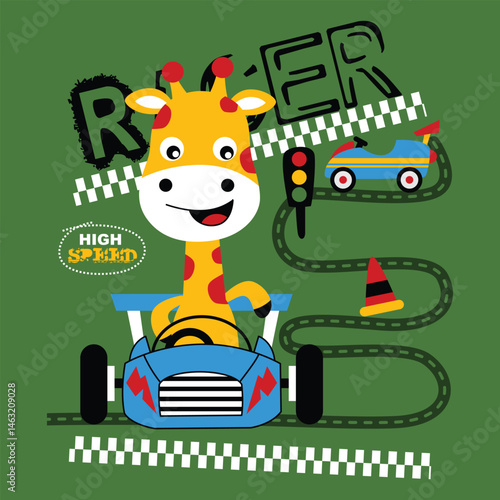 Cartoon giraffe driving a racing car with "High Speed" message and playful design elements.
