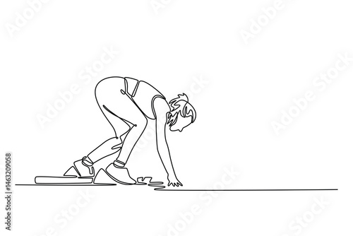 Continuous one line drawing female runner using a starting block to start run on running track in stadium. Woman athlete practicing speed running marathon. Single line draw design vector illustration