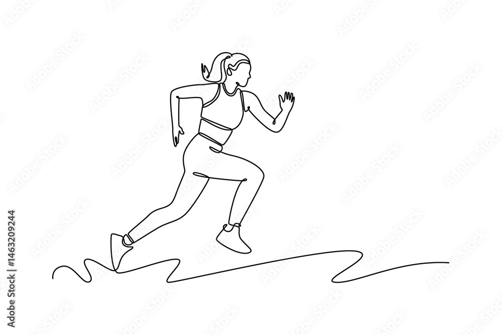 Continuous one line drawing beauty female athlete sprint on running track outdoor on stadium. Fitness exercise woman runner cardio workout routine for race. Single line draw design vector illustration Continuous one line drawing beauty female athlete sprint on running track outdoor on stadium. Fitness exercise woman runner cardio workout routine for race. Single line draw design vector illustration