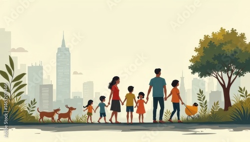 Family Walking with Pets in Urban Setting