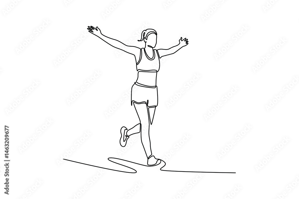 Continuous one line drawing woman runner winner at finish line for victory, celebration of sport at stadium. Winning girl success for race marathon. Single line draw design vector graphic illustration Continuous one line drawing woman runner winner at finish line for victory, celebration of sport at stadium. Winning girl success for race marathon. Single line draw design vector graphic illustration