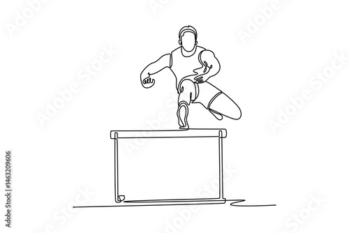 Single continuous line drawing front view professional male athlete jumping over the barrier. Running with obstacles concept. Sprinting in race competition. One line graphic design vector illustration