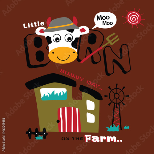 Little cow with a pitchfork in front of a barn on a sunny farm day with "On the Farm" theme for children's illustration.
