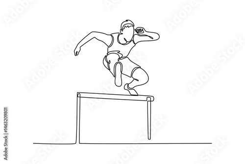 Single continuous line drawing professional male track and field athlete during obstacle race. Muscular man. Action, motion, healthy, sport and lifestyle. One line graphic design vector illustration