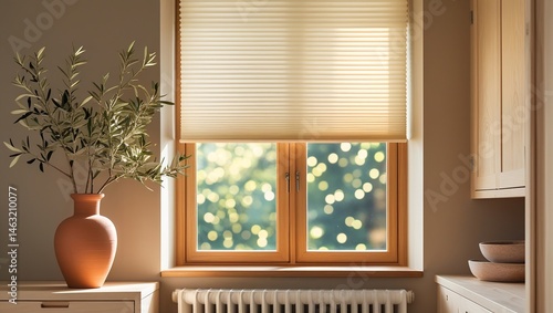 Beige Cellular Shades on a Window with Olive Branch Decor
