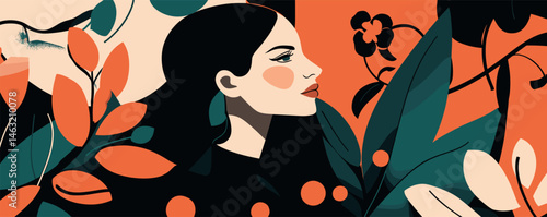 Stylized portrait of a pensive woman surrounded by floral elements in bold colors.