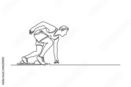 Single continuous line drawing runner using starting block to start his run on running track in stadium. Athlete starting his sprint on running track. One line draw graphic design vector illustration