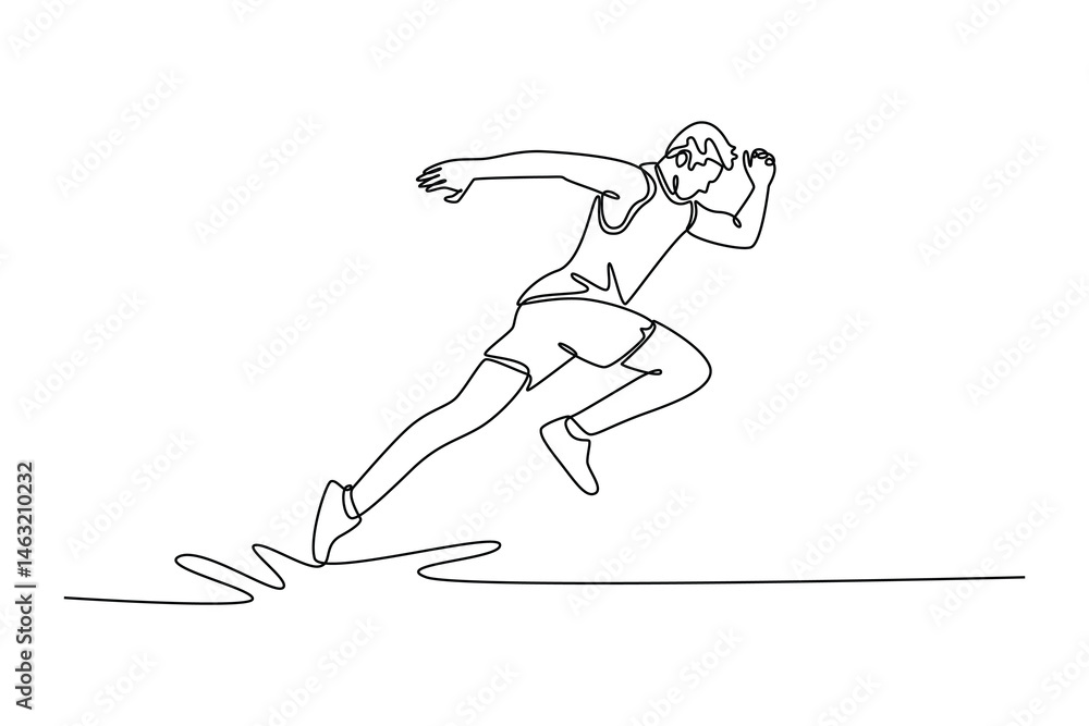 Fototapeta premium Single one line drawing active male athlete starting his sprint on running track. Speed and endurance. Concept of sport, marathon, competition. Continuous line draw design graphic vector illustration