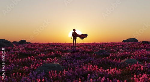 Silhouette of a superhero at sunset over a field of vibrant flowers.