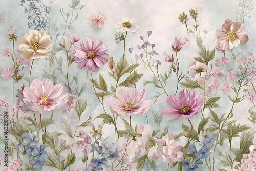 Pastel flower meadow scene with delicate details.