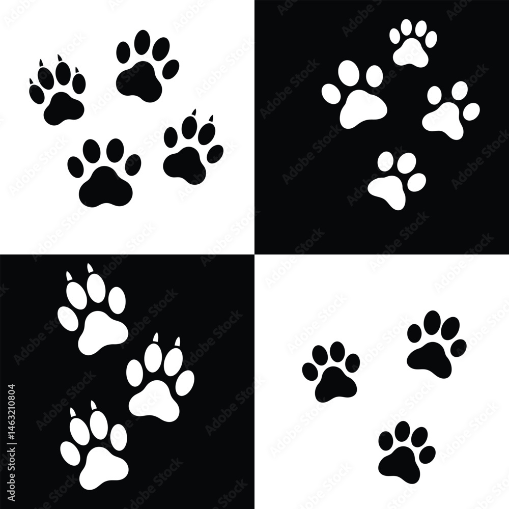 Fototapeta premium Paw Print Silhouette – Monochrome Pet Footprint Icons