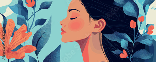 Serene woman in nature with flowers and leaves - tranquil and colorful profile art.