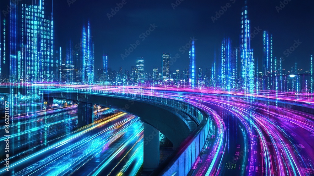 Fototapeta premium Futuristic city highway at night, illuminated by digital data streams