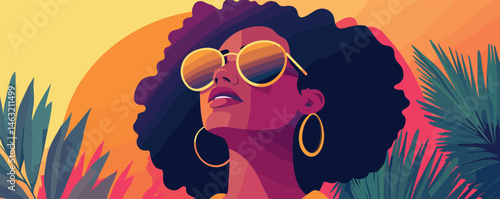 Stylized portrait of a woman in sunglasses amidst tropical background at sunset.