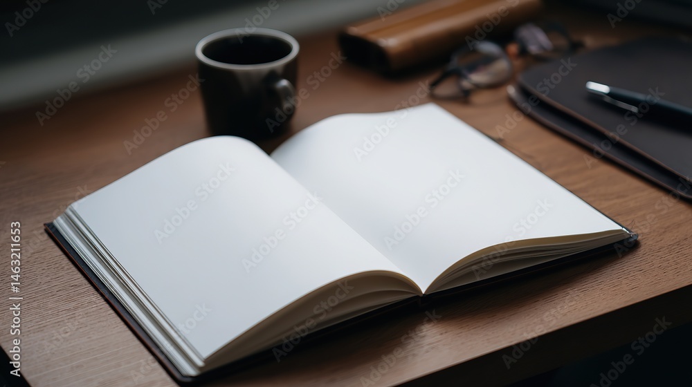 Fototapeta premium A blank notebook with white pages sits on a wooden table, illuminated by soft natural light, perfect for creative writing or sketching. Text or illustrations can be used freely.