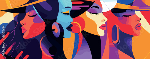 Three stylized women in colorful abstract art with hats and earrings.