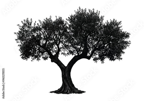 Olive tree silhouette. This image presents a black silhouette of an olive tree with detailed branches and foliage, representing Mediterranean nature and botanical beauty.  clipart illustration design.