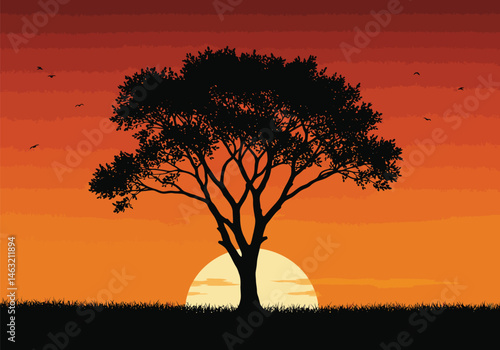 Sunset tree silhouette. This image shows a silhouette of a tree against a sunset background, highlighting the contrast between the dark tree and the colorful sky. Vector clipart illustration design.