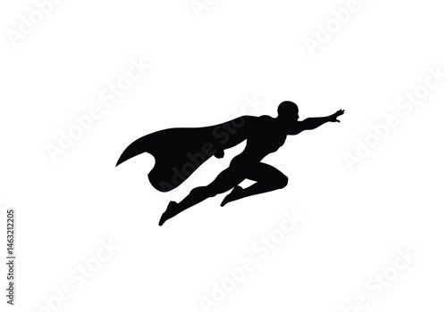 Flying superhero silhouette. A bold black white flying superhero silhouette, also superhuman figure, with a flowing cape and strong pose, capturing dynamic action.  clipart illustration design.
