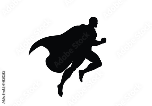 Superhero silhouette. This shows a bold black white superhero silhouette, also heroic figure, with a flowing cape and strong running pose, capturing dynamic action. Vector clipart illustration design.