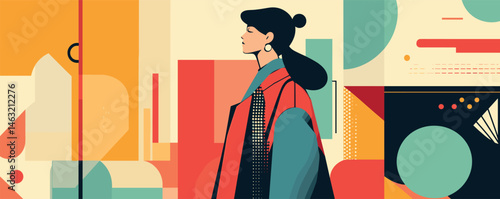 Stylish woman in abstract art setting with bold geometric shapes and vibrant colors.