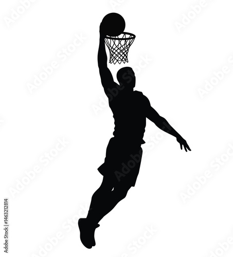 Basketball dunk silhouette. This image shows a black silhouette of a basketball player performing a slam dunk, showcasing action, motion, and athletic power. Vector clipart illustration design.